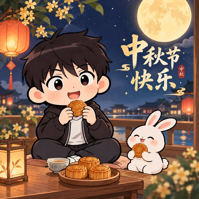An animated illustration of a boy and a white bunny eating mooncakes during Mid-Autumn Festival, with Chinese text '中秋节快乐' (Happy Mid-Autumn Festival), a full moon, lanterns, and osmanthus flowers.