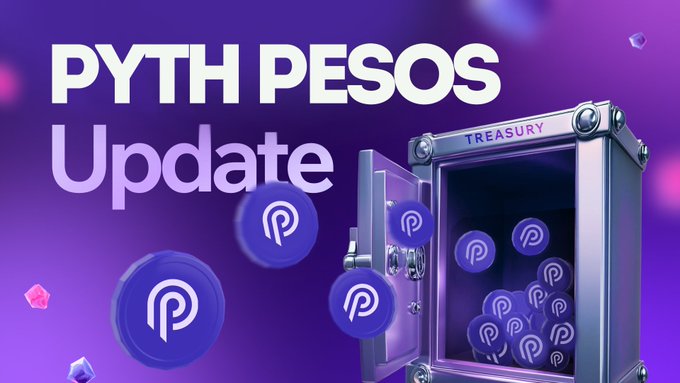 The image is a promotional graphic titled "PYTH PESOS Update" featuring an open safe labeled "TREASURY" overflowing with purple Pyth Network coins, visually representing the community rewards program that distributes 15K $PYTH monthly to top creators and 3.3K $PYTH to other community contributors.