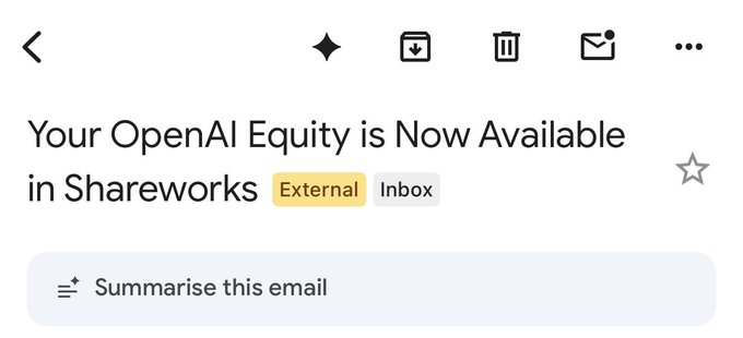 An email inbox screenshot showing a message titled 'Your OpenAI Equity is Now Available in Shareworks,' tagged as External and Inbox, with a 'Summarise this email' button.