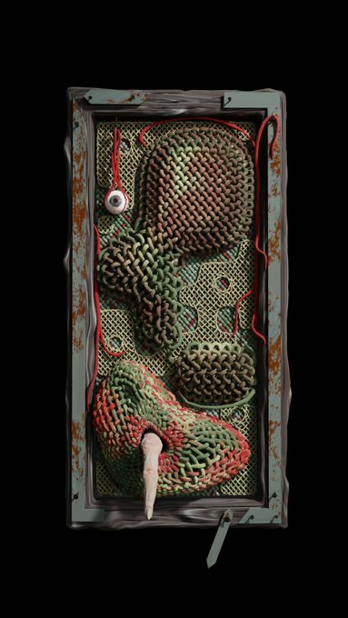 A sculptural artwork featuring a flesh-toned humanoid figure entangled within a crocheted green and red netting, framed by a distressed wooden box with a small green tag hanging from the bottom—presented as digital art on Objkt, likely an NFT showcasing a tactile, mixed-media piece exploring themes of entrapment and vulnerability.