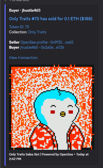 A Discord notification indicating "Only Traits #75 has sold for 0.1 ETH ($188)" with a pixel-art NFT image of a cyan-haired character against a red and white patterned background.