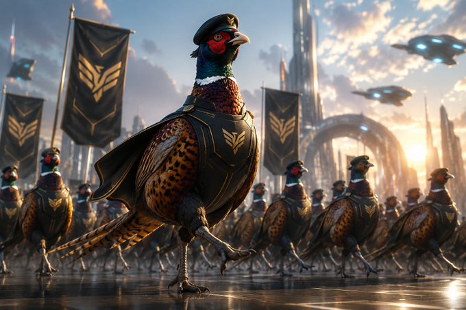 Sci-fi illustration of pheasants dressed in military uniforms and caps marching in formation, with banners and futuristic flying ships in the background.