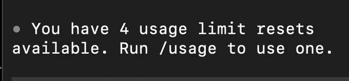 A dark terminal-style notification states "You have 4 usage limit resets available. Run /usage to use one." alongside the post's aspirational caption about ascending to the "permanent UPPERCLASS," suggesting the user is sharing their AI usage allotment as a badge of elite-tier access.
