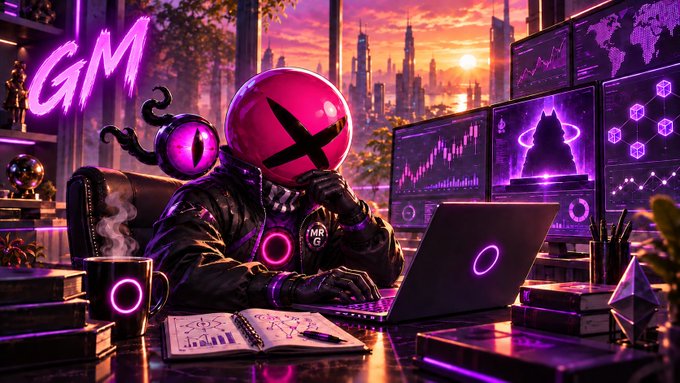A cyberpunk-style digital artwork showing a figure wearing a pink helmet with an X design and a small purple creature on the shoulder, working on a laptop surrounded by neon 'GM' signs, data screens, and a futuristic cityscape at sunset.