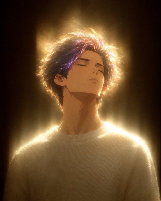 An anime-style illustration depicts a person with eyes closed and glowing golden light radiating around their head and shoulders, wearing a white sweater.