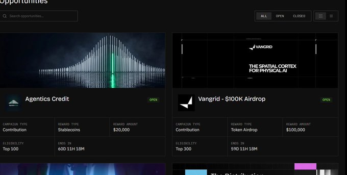 A dark-themed digital dashboard titled 'Opportunities' showing listings for 'Agentics Credit' with a Stablecoins contribution and a $20,000 reward, and 'Vangrid - $100K Airdrop' with a Token Airdrop contribution and a $100,000 reward.