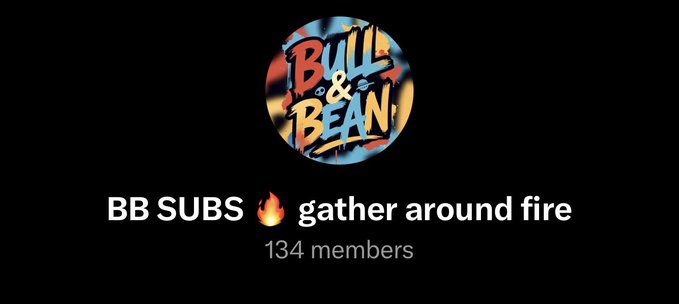 A circular "Bull & Bean" logo sits above a community banner titled "BB SUBS 🔥 gather around fire," showing "134 members." The "Probably Nothing" caption pairs with the image to suggest understated hype around the growing subscriber base of the Bull & Bean community.