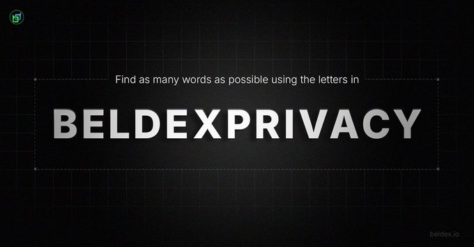 A dark-themed promotional graphic for Beldex privacy that reads 'Find as many words as possible using the letters in BELDEXPRIVACY' with the beldex.io URL in the corner.