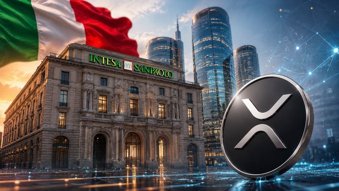 A composite image featuring the Intesa Sanpaolo bank building alongside an Italian flag, the UniCredit logo, modern skyscrapers, and digital network graphics.