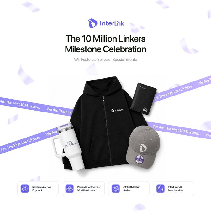 Promotional graphic for InterLink celebrating 'The 10 Million Linkers Milestone Celebration' with text 'Will Feature a Series of Special Events', showing merchandise including a black hoodie, white tumbler, gray cap, and black wallet, with icons noting Reverse Auction Buyback, Rewards for the First 10 Million Users, Global Meetup Series, and InterLink VIP Merchandise.