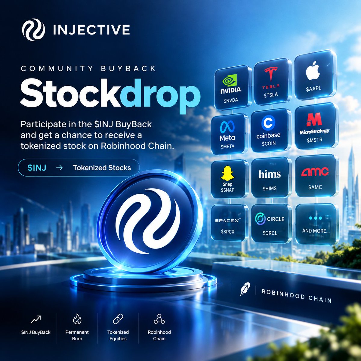 An Injective 'Community Buyback Stockdrop' promotional banner showing $INJ → Tokenized Stocks conversion on Robinhood Chain, featuring logos for NVIDIA ($NVDA), Tesla ($TSLA), Apple ($AAPL), Meta ($META), Coinbase ($COIN), MicroStrategy ($MSTR), Snap ($SNAP), Hims ($HIMS), AMC ($AMC), SpaceX ($SPCX), Circle ($CRCL), and more.