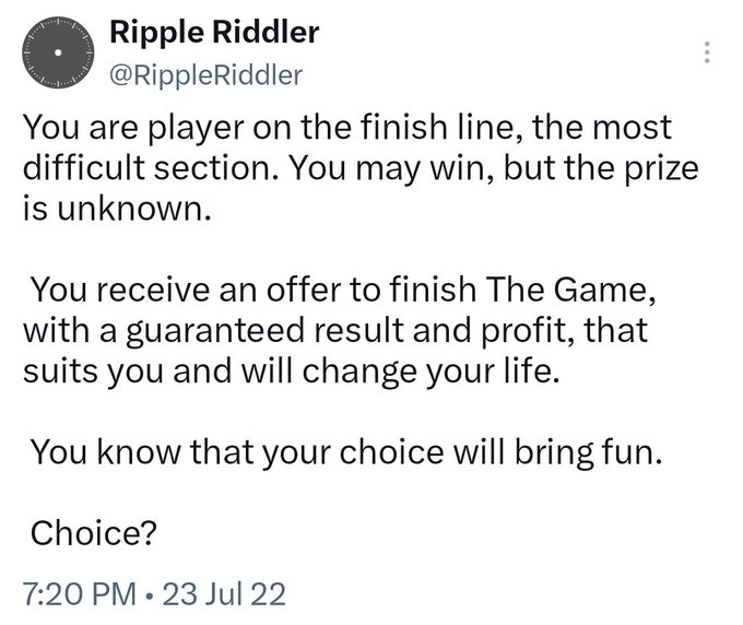 A tweet from Ripple Riddler (@RippleRiddler) presents a riddle about choosing between an uncertain win or a guaranteed offer, posted on July 23, 2022 at 7:20 PM. The riddle metaphorically aligns with the accompanying bullish post suggesting XRP holders should "suit up" for a guaranteed moon mission, with XRP projected to reach $100.