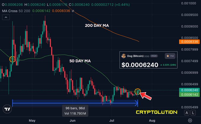 Cryptocurrency trading chart for DOG (DogBitcoin) showing a price of $0.0006240 (+3.33%) with the 50-day MA crossing above the 200-day MA, marked by 'CRYPTOLUTION' branding.