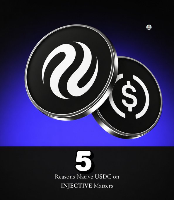Promotional graphic with the text '5 Reasons Native USDC on INJECTIVE Matters' featuring stylized coins with the Injective logo and a dollar sign.