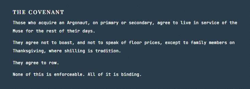 A text graphic titled "THE COVENANT" outlining humorous rules for Argonauts serving "the Muse," including agreements not to boast about floor prices and to row, noting "None of this is enforceable. All of it is binding."