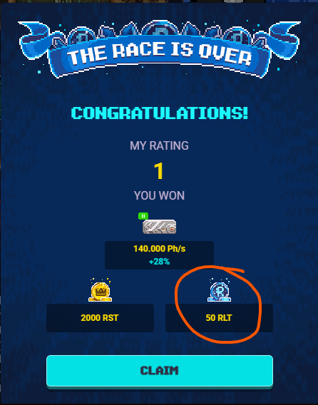 A pixelated game screen displays 'THE RACE IS OVER - CONGRATULATIONS!' with a rating of 1, showing rewards of 140,000 Ph/s, 2000 RST, and 50 RLT (circled in orange) with a 'CLAIM' button.