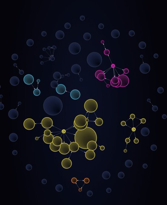 An abstract digital artwork featuring colorful clusters of interconnected bubbles and spheres in yellow, magenta, cyan, and orange against a dark blue background.