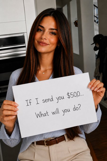 A smiling woman with long brown hair holds up a handwritten sign reading "If I send you $500... What will you do?" in a modern kitchen, visually prompting the engagement question asked in the caption. The image directly illustrates the post's call-to-action, inviting followers to share what they'd do with $500 in exchange for a chance at a reward via Telegram.