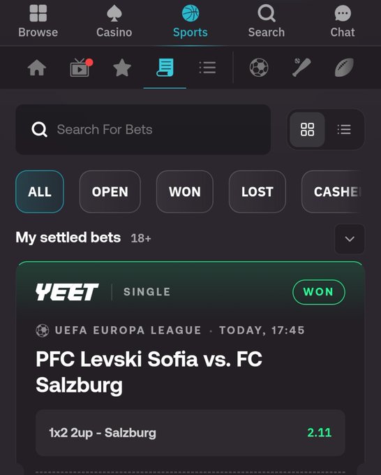A screenshot of a sports betting app's "My settled bets" tab shows a "WON" single bet on the UEFA Europa League match PFC Levski Sofia vs. FC Salzburg, with odds of 2.11.