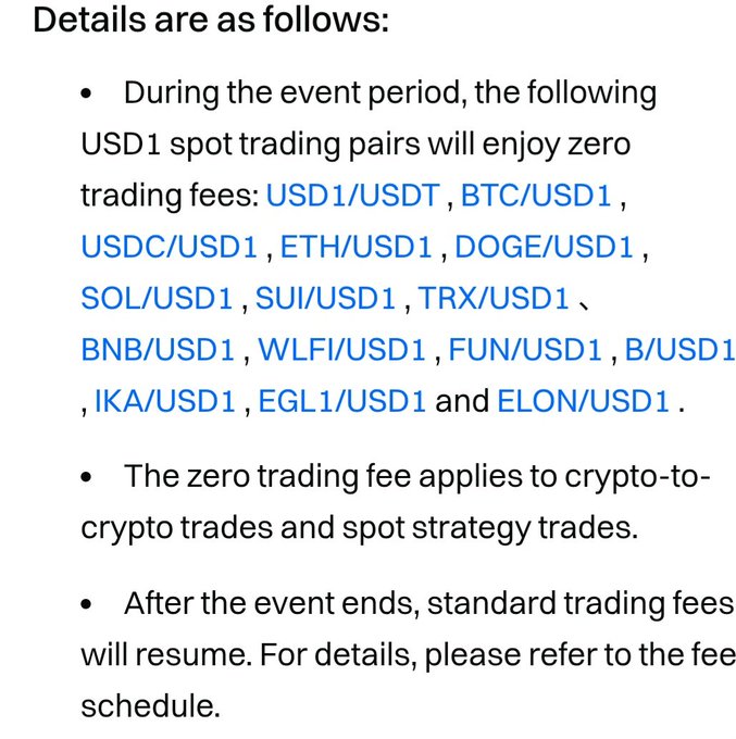 The image shows a white background with black text that reads "During the event period, the following USDC trading pairs will enjoy zero trading fees." The text also mentions that there are ongoing campaigns for stablecoins like WLFI and USD1 on CEXs, which can be used to earn from staking or lending.