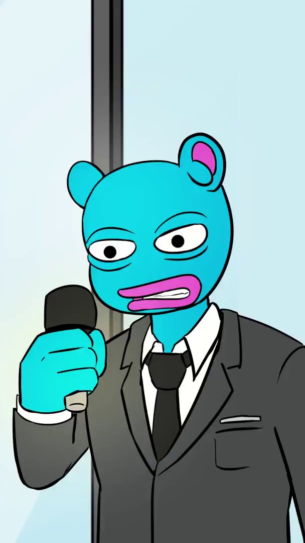 The image shows a cartoon character, resembling a man or boy, dressed in formal attire with a tie. The character holds a microphone and appears as if he's delivering a speech or conducting an interview. This character could be a part of a story or illustration that has a connection to the posted content on the website "BasedBrett".