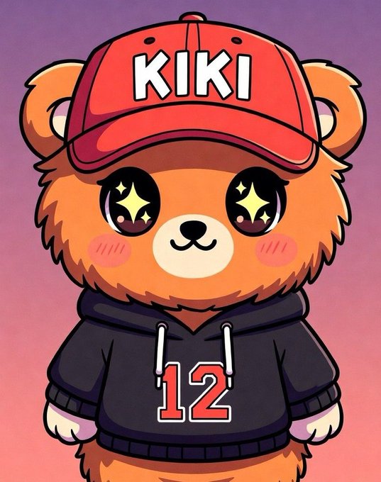 The image features a cartoon bear wearing a red baseball cap with "Kiki" written on it, standing against a purple background. The caption below the bear reads, "Today, 333 Cubs begin their journey on Ethereum. Built for early collectors. Small supply. No oversized promises. GTD holders mint FREE. FCFS opens at 0.0007 ETH. Reveal after sellout. See you at mint!".