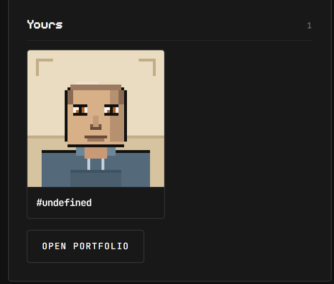A pixel art NFT-style profile with the title 'Yours', showing a character with brown hair and an '#undefined' tag, with an 'OPEN PORTFOLIO' button.