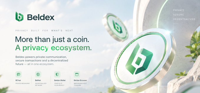 A promotional banner for Beldex advertises 'More than just a coin. A privacy ecosystem,' featuring icons for BChat, BelNet, Beldex Wallet, and Beldex Browser alongside green coins.