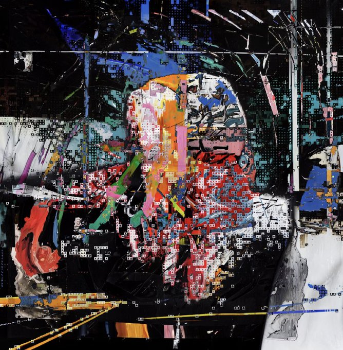 A vibrant, abstract mixed-media artwork featuring a pixelated, glitch-style portrait with bold splashes of red, blue, orange, and pink against a dark, fragmented background with grid-like digital patterns. The piece, titled "motivated delusions" by @blanqspacer, exemplifies a contemporary digital-meets-traditional aesthetic where chaotic pixelation and expressive brushstrokes merge to form a distorted human figure, fitting its title as a visually fractured exploration of perception.
