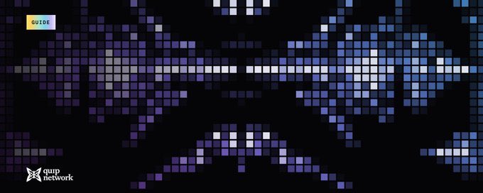 A pixel art graphic features a sword-like shape made of purple and blue squares on a black background, with the text "GUIDE" in the top left and a "quip network" logo in the bottom left.