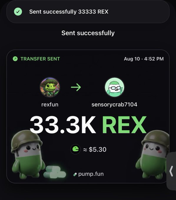 A mobile screenshot of a successful cryptocurrency transfer showing 'Sent successfully 33333 REX' and 'TRANSFER SENT' from 'rexfun' to 'sensorycrab7104' for '33.3K REX' (approximately $5.30) via pump.fun.