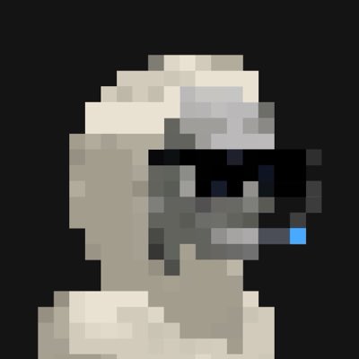A low-resolution pixel art portrait of a figure with a beige hood or head covering, wearing a dark VR headset with a blue accent against a dark gray background.