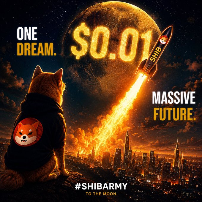 A Shiba Inu promotional graphic featuring a Shiba dog watching a rocket launch titled '$0.01' over a cityscape, with text 'ONE DREAM. MASSIVE FUTURE.' and hashtags #SHIBARMY TO THE MOON.
