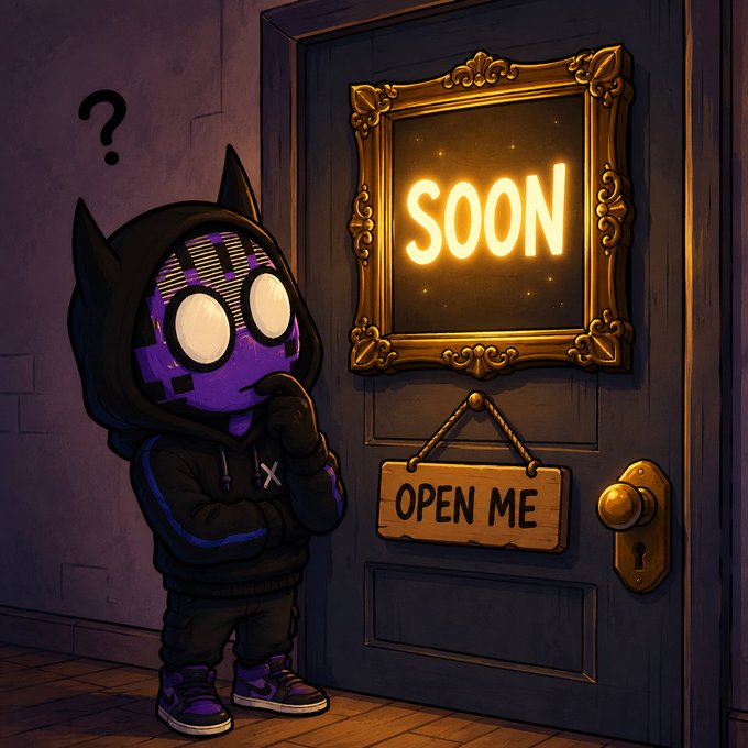 A hooded, cat-eared character with a glitch-effect purple face stands quizzically before a glowing ornate frame displaying "SOON" and a wooden sign reading "OPEN ME" on a mysterious door. The image teases an upcoming reveal, mirroring the post's anticipation of new utility being unlocked for Robinhood Frames holders.