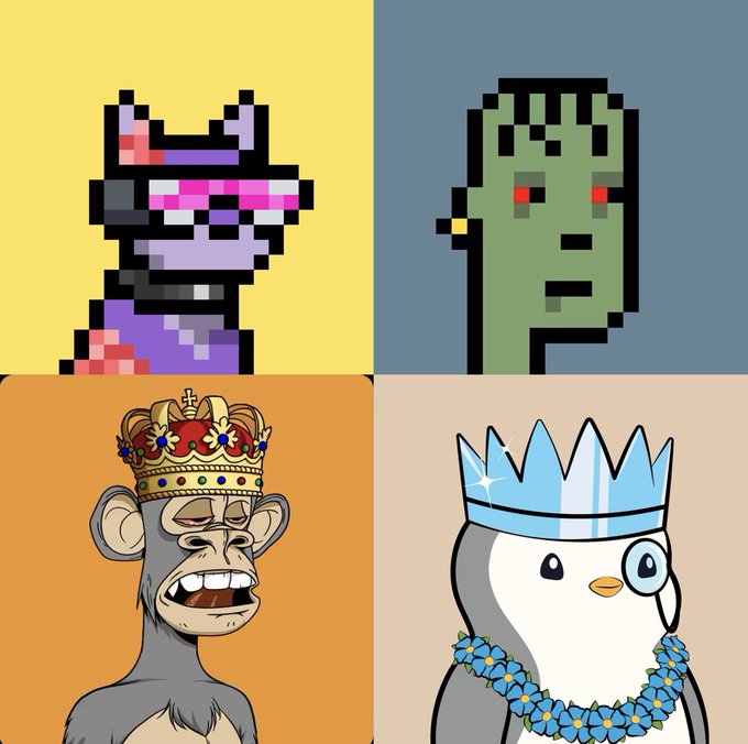 A four-panel collage of NFT-style characters: a pixelated purple cat with sunglasses, a green zombie-like figure, a crowned monkey with bared teeth, and a crowned penguin wearing a flower lei.