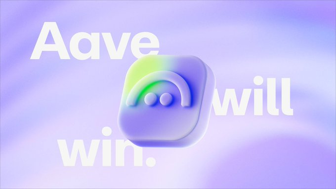 The image features the Aave logo along with the bold text "Aave will win." displayed on a purple background, visually reinforcing the poster's decision to dive deeper into studying the Aave protocol and its evolution from ETHLend to a leading DeFi lending platform.