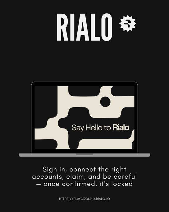 A promotional graphic for 'RIALO' featuring a laptop displaying 'Say Hello to Rialo' with abstract blob patterns, instructions to 'Sign in, connect the right accounts, claim, and be careful — once confirmed, it's locked', and the URL HTTPS://PLAYGROUND.RIALO.IO.