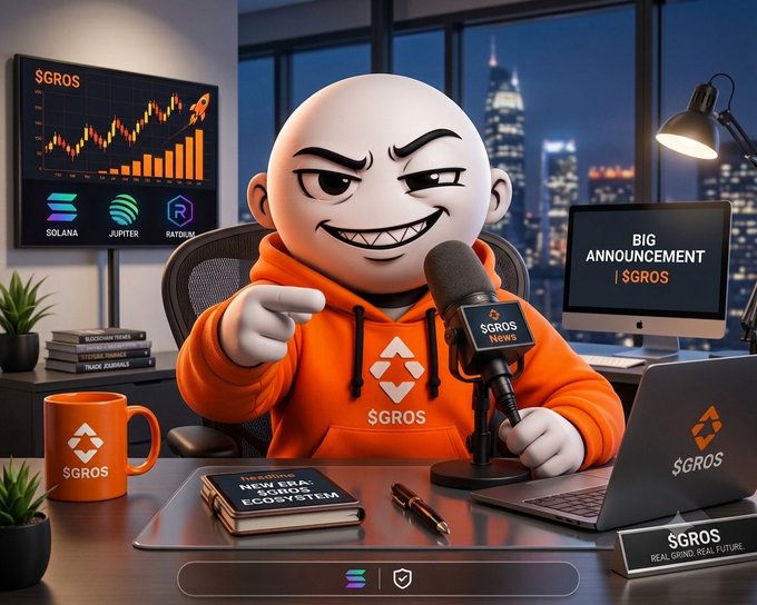 A 3D-rendered cartoon character in an orange '$GROS' hoodie making an announcement in front of a microphone, laptop, and screens showing cryptocurrency charts (Solana, Jupiter, Raydium).