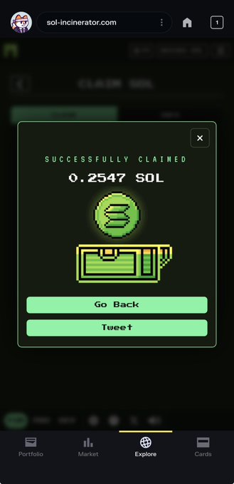 A mobile screen on sol-incinerator.com displays a 'SUCCESSFULLY CLAIMED' notification for 0.2547 SOL with a pixel art wallet graphic, alongside 'Go Back' and 'Tweet' buttons.