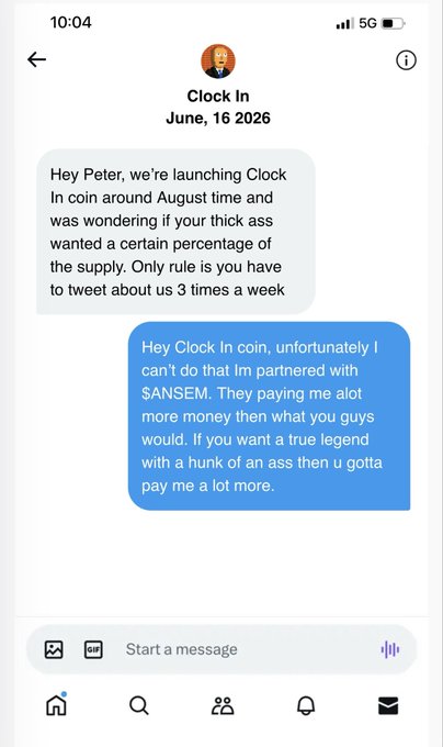 A screenshot of a text conversation between 'Peter' and 'Clock In' from June 16, 2026, discussing a coin launch and payment terms.