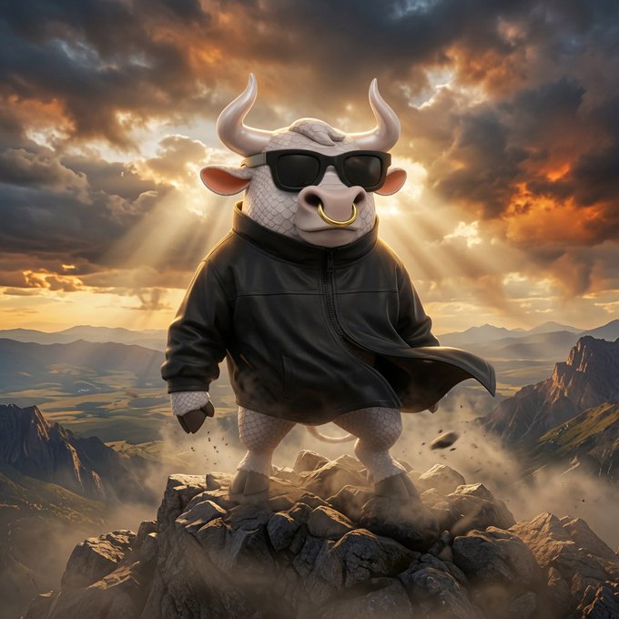 A digitally rendered anthropomorphic bull character wearing sunglasses, a nose ring, and a black leather jacket stands triumphantly atop a rocky mountain peak under a dramatic sunset sky.