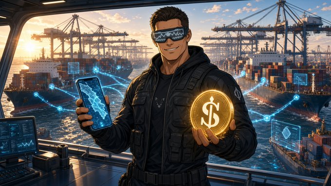 A confident man in tactical gear and VR-style goggles stands in a port control room, holding a smartphone displaying a maritime route and a glowing golden dollar coin, with container ships and cranes visible through the window behind him—visually representing the contrast between clean AIS data on a screen and the real-world shipping assets (like Ethra Gold, Ethra Diamond, and Ethra 1) being tokenized as real-world assets in maritime commerce.