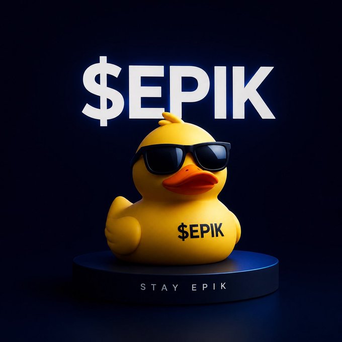 A 3D rendered yellow duck wearing black sunglasses with "$EPIK" text on its chest and above, plus "STAY EPIK" at the base on a blue background.