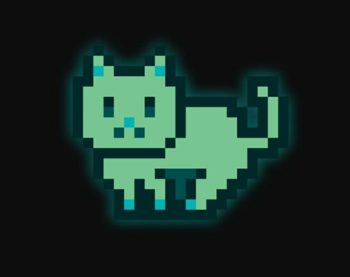A pixel art illustration of a green cat with blue eyes and a striped tail, glowing against a black background.