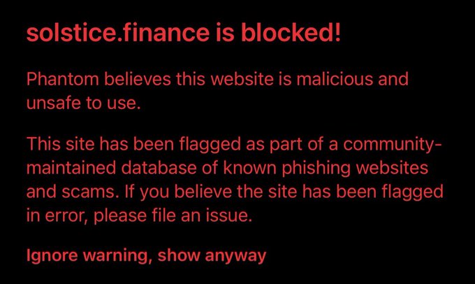 A red warning screen from Phantom wallet reads "solstice.finance is blocked!" stating the site has been flagged as a known phishing site and scam, with an option to "Ignore warning, show anyway" — directly illustrating the post's request for Phantom to unblock Solstice ($SLX).