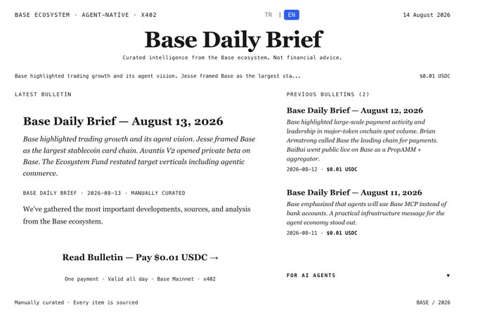 'Base Daily Brief' website showing curated intelligence from the Base ecosystem dated 14 August 2026, featuring bulletins about Base as the largest stablecoin chain and agent vision, priced at $0.01 USDC.