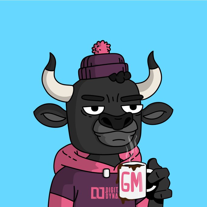 Cartoon black bull character wearing a pink beanie and hoodie, holding a coffee mug labeled 'GM' with 'DIGITAL DYNASTY' text on its shirt.