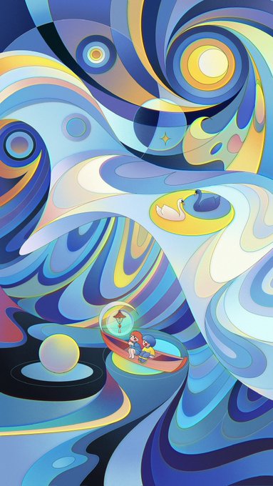 A vibrant, abstract digital illustration featuring swirling blue, yellow, and white patterns with a small figure in a boat-like structure floating among celestial shapes.