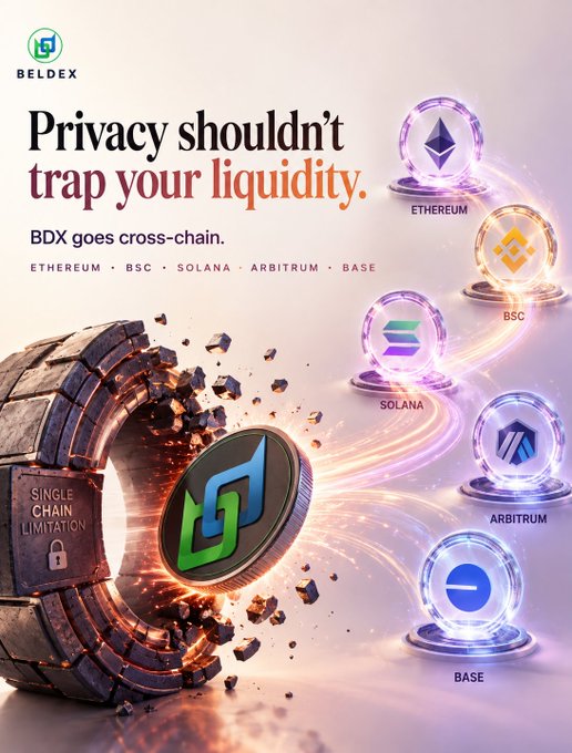 A promotional graphic for Beldex (BDX) advertising cross-chain privacy and liquidity, featuring logos for Ethereum, BSC, Solana, Arbitrum, and Base alongside a stone tablet labeled 'SINGLE CHAIN LIMITATION'.