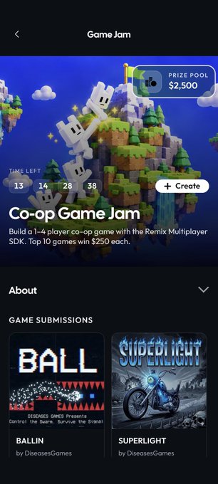 Screenshot of a 'Game Jam' event titled 'Co-op Game Jam' offering a $2,500 prize pool, with countdown timer and game submissions 'BALLIN' and 'SUPERLIGHT' by 'DiseasesGames' shown below.